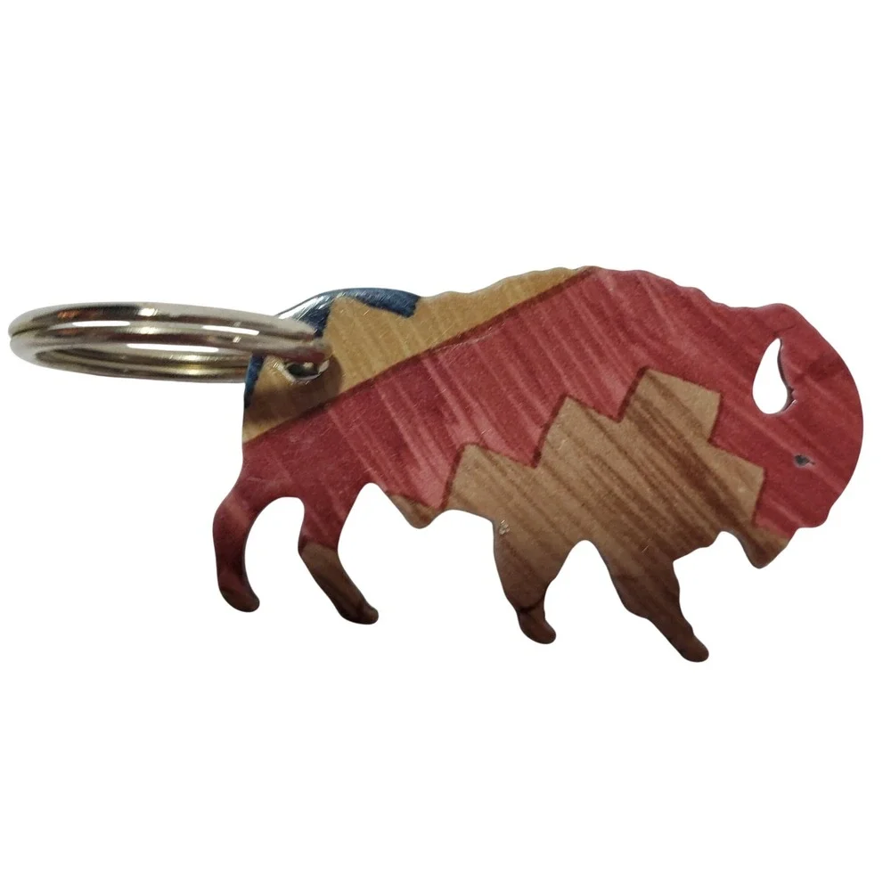 Southwestern Buffalo Keychain Bison Geometric Pattern Red Tan Blue Key Ring